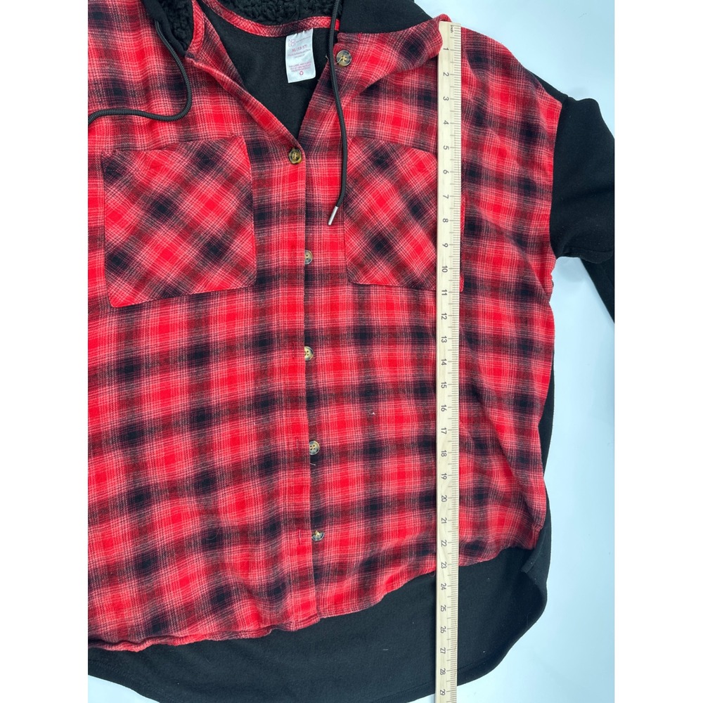 No Boundaries Red Black Plaid Hooded Shirt Jacket XL 15-17 Sherpa Hood - Picture 4 of 7
